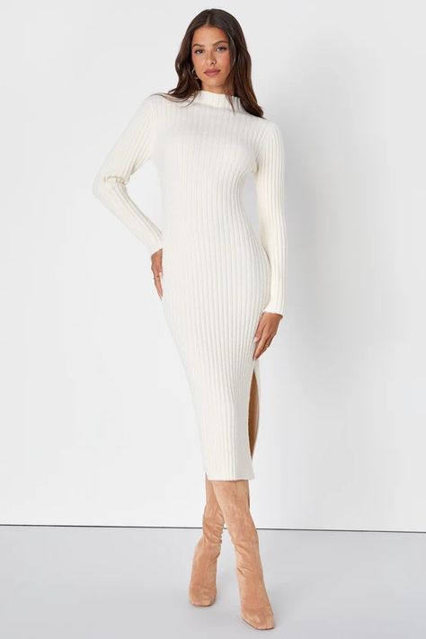 Cute And Cozy Sweater Dresses For Winter — Neutrally Nicole Best Dress Websites, White Sweater Dress Outfit, Sweater Dress Outfit Ideas, Joyfolie Dress, Plush Dress, Ivory Sweater Dress, Cozy Sweater Dress, White Sweater Dress, Midi Sweater Dress