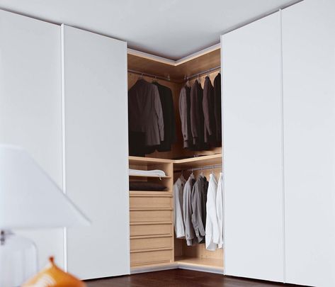 Corner Wardrobe Sliding Doors, Corner Closet Ideas With Doors, Wardrobe Corner Design, Corner Closet Ideas, L Shape Wardrobe Design, Fitted Wardrobe Interiors, Wardrobe Corner, Corner Wardrobe Closet, Corner Closet