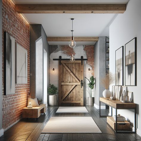 The hallway features an exposed brick wall on one side, offset with clean, white painted walls. A reclaimed barn door adds to the rustic appeal while modern art pieces add a contemporary twist. An expansive timber console table holds a minimalist vase and a couple of books. The flooring is dark hardwood which contrasts nicely against a soft, neutral colored rug. Overhead, pendant lights with Edison bulbs dimly illuminate the corridor adding a warm, inviting glow. Exposed Brick Hallway, Rustic Industrial Farmhouse, Industrial Entryway, Entryway Inspiration, Entry Way Design, Exposed Brick Walls, Industrial Farmhouse, Wooden Beams, Metal Accents