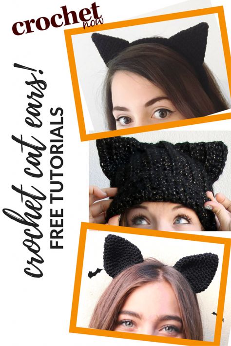 crochet cat ears tutorials and patterns Crochet Cat Costume For Kids, Crochet Cat Ear Headband, Crochet Cat Tail For Costume, Crochet Pointy Ears, Crochet Cat Ears Headband, How To Crochet Cat Ears, Crochet Ears Pattern, Cat Headband Crochet, Crochet Cat Ears Beanie