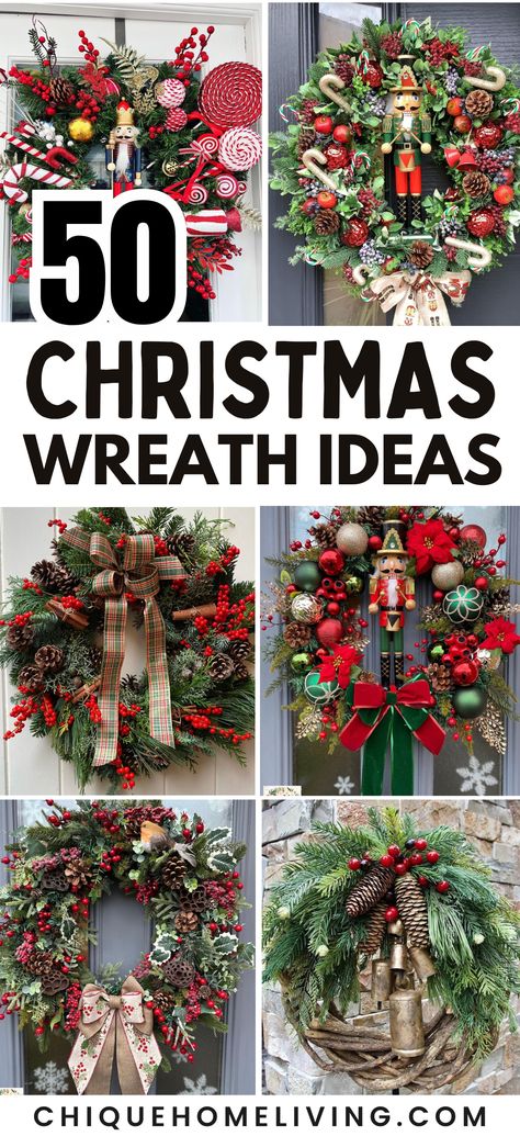 Elevate your holiday welcome with 50 Elegant Christmas Wreath Ideas! 🎄✨ From timeless classics to modern marvels, these wreaths add a touch of festive charm to your door. Discover inspiration for every style, from traditional greenery to unique materials. Make a statement with your seasonal decor! 🌟🚪 #ChristmasWreaths #FestiveDecor #HolidayHome Cute Christmas Wreath Ideas, Xmas Reefs Diy Wreath, Giant Christmas Wreath On House, How To Make Holiday Wreaths, Christmas Wreaths Decorations, Martha Stewart Wreath, Christmas Wreath Theme Ideas, Vintage Christmas Wreath Ideas, Gorgeous Christmas Wreaths