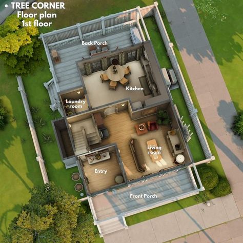 20x15 Sims 4 House Floor Plan, Sims Rooms Ideas Base Game, Sims 4 Layout Floor Plans, Sims 4 Layout, Sims 4 Floorplan, Tree Corner, Sims 4 Loft, Sims 4 City Living, Sims 4 Houses Layout