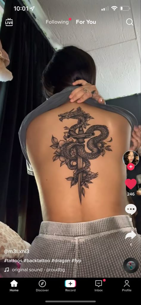 Dragon In Back Tattoo, Dragon Tattoo Down Spine, Fore Tattoos For Women, Women Half Back Tattoo, Back Tattoo Women Spine Unique Dragon, Dragon On Spine Tattoo, Back Tattoo Women Baddie, Cover Up Tattoos Stomach, Skull Back Tattoos For Women