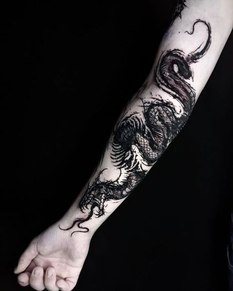 Goth Dragon Tattoo, Side Belly Tattoo Men, Dark Tattoo Ideas For Men, Snake And Dragon Tattoo, Gothic Dragon Tattoo, Goth Arm Tattoo, Dark Dragon Tattoo, Goth Tattoo Designs, Dark Fantasy Tattoo