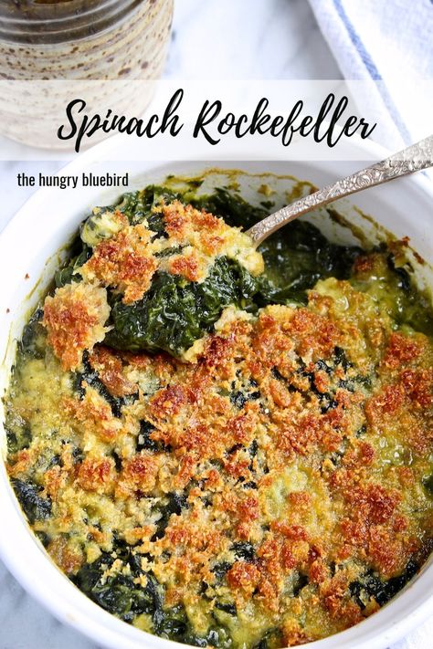 My Grandmother’s Spinach Rockefeller Recipe ~ spinach, bread crumbs, Parmesan, butter and seasonings, cooked and then baked in a casserole. Brown, crispy topping over creamy spinach, perfect with ham, beef or lamb for the holidays. #thehungrybluebird #spinachrockefeller #spinachsidedish #spinachrecipes #Easterdinnersides Rockefeller Recipe, Spinach Side Dish, Parmesan Butter, Spinach Bread, Recipe Spinach, Spinach Casserole, Vegetable Casserole, Creamy Spinach, Creamed Spinach