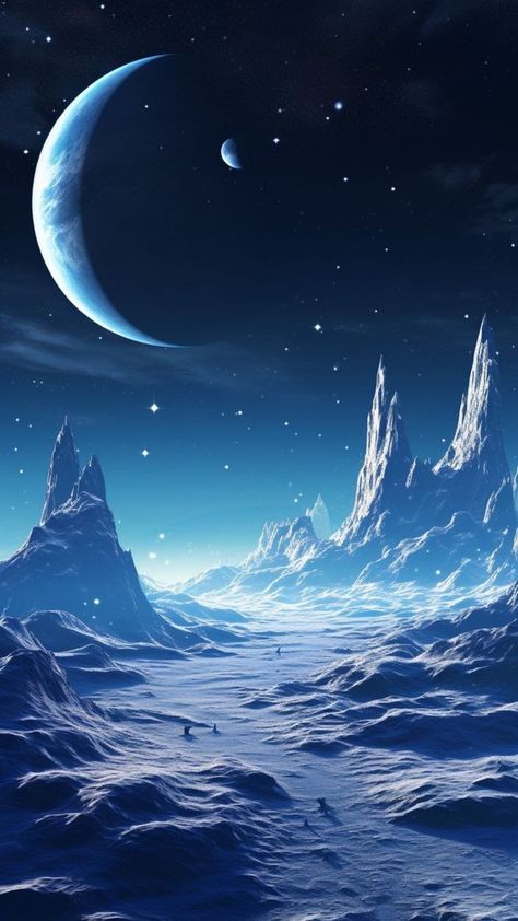 Sci Fi Ice Planet, Galaxy World Art, Ice World Fantasy Art, Ice Mountain Wallpaper, Fantasy Ice Landscape, Fantasy World Art Dreams, Ice Wallpaper Aesthetic, Space Opera Aesthetic, Ice Magic Art