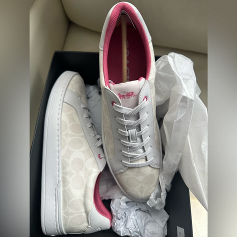 New In Box White, Cream And Pink Coach Tennis Shoes Pink Coach Shoes, Coach Shoes Outfit, Coach Women Shoes, Tenis Coach, Backless Sneakers, Coach Shoes Women, Coach Tennis Shoes, High Top Tennis Shoes, Pretty Sneakers