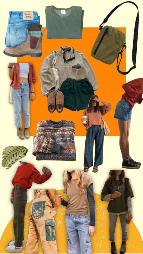 Everyday Outdoor Outfits, Patagonia Fleece Outfit Granola, Patagonia Overalls Outfit, Tomboy Granola Outfits, Autumn Granola Outfits, Granola Autumn Outfits, Outfit Ideas For Arizona, Granola Lesbian Style, Patagonia Baggies Women Outfit