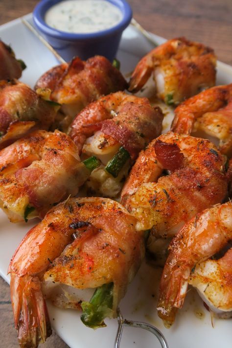 Smoked Bacon Wrapped Shrimp, Shrimp Stuffed Jalapeno Peppers, Seafood Fondue, Shrimp Jalapeno Poppers, Homemade Blackened Seasoning, Bacon Ideas, Stuffed Jalapeno, Wrapped Shrimp, Shrimp Stuffed