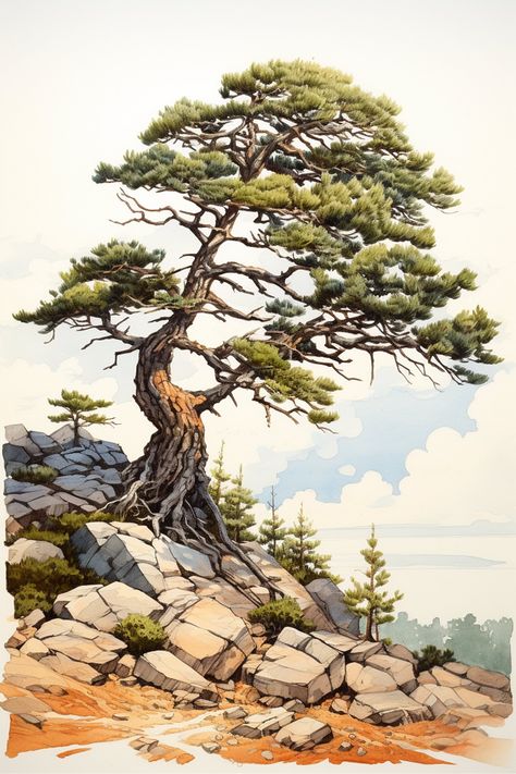 Mountain White Pine - Digital Artwork  Transform your living space into a serene woodland with this stunning North American White Pine digital artwork. Rendered in exquisite watercolor & pencil detail, this artwork captures the beauty and majesty of this iconic tree. Perfect for hikers and nature lovers, this high-quality digital download can be printed at any of the following sizes to suit your space.  Instantly bring the beauty of the great outdoors into your home with this stunning Mountain t Nature Art Digital, Pine Watercolor, Sunflower Watercolor Painting, Loose Watercolor Paintings, Mountain Tree, Landscape Painting Tutorial, Woodland Art, Watercolor Pencil, Watercolor Graphic