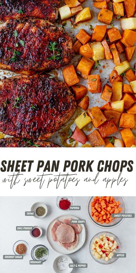 Pork Chops Sweet Potatoes Apples Crock Pot, Pork Chop Apple Sweet Potato Recipes, Pork Chop Apple Sheet Pan Dinner, Sheet Pan Meals Pork Chops, Pork Chop One Sheet Pan, Baked Sheet Pan Recipes, Roasted Pork Chops And Vegetables, Pork Chop Brussel Sprouts Sheet Pan, Boneless Pork Chop Recipes With Apples