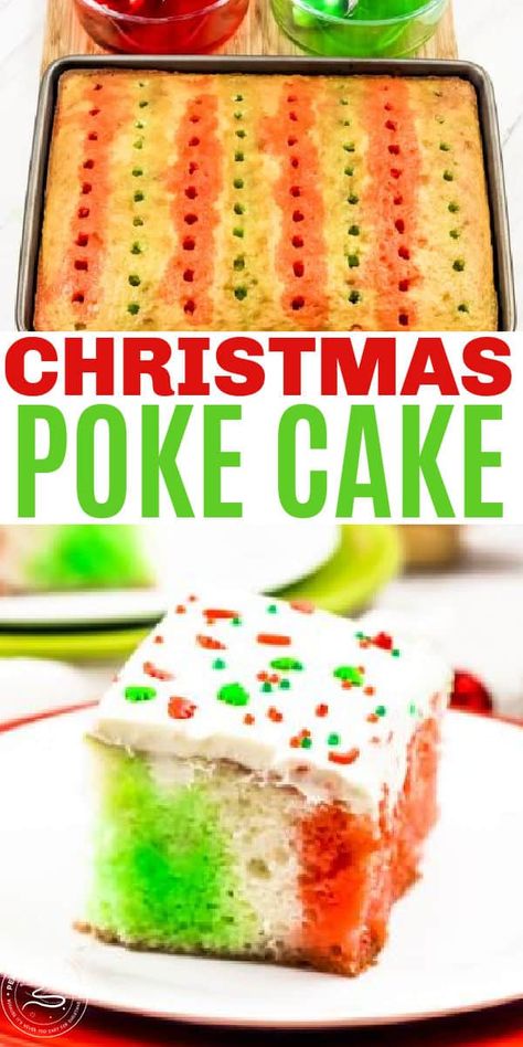 This Christmas Jello Poke Cake is moist and delicious. The bright colors in the cake inspire Christmas and the taste is amazing with a creamy frosting. #pokecake #christmasdesserts #cake Grinch Poke Cake, Christmas Poke Cake, Jello Poke Cake Recipe, Christmas Jello, Jello Poke Cake, Poke Cake Jello, Poke Cake Recipe, Creamy Frosting, Jello Cake