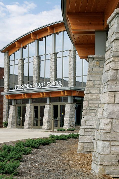 Masonry Buildings Architecture, Stone School Building, Stone Building Architecture, Interior Stone Wall, Municipal Hall, Buechel Stone, Porch Pillars, Accounting Office, Athletic Center