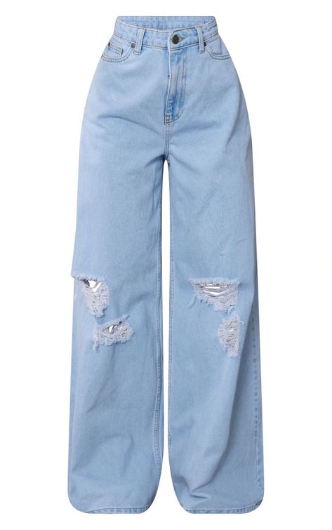 Light Blue Wash Knee Rip Extreme Wide Leg Jeans | PrettyLittleThing US Mode Kylie Jenner, Cute Dress Outfits, Cute Pants, Easy Trendy Outfits, Cute Jeans, Simple Trendy Outfits, Really Cute Outfits, Casual Style Outfits, Teen Fashion Outfits