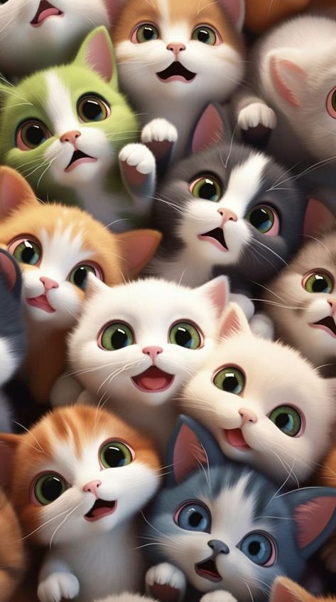 Cute wallpaper of a bunch of animated kittens - Discover a world of cuteness with our adorable phone wallpapers! From fluffy kittens to whimsical landscapes, these wallpapers will make your phone a haven of sweetness. Very Cute Wallpapers Phone, Cute Cats Photos Wallpaper, Cute Cat Illustration Wallpaper, Cute Animals Cats, Sweet Wallpaper Cute, Cute Kitten Wallpaper Aesthetic, Cat Wallpaper Animated, Animation Wallpaper Backgrounds, Kitten Wallpaper Iphone