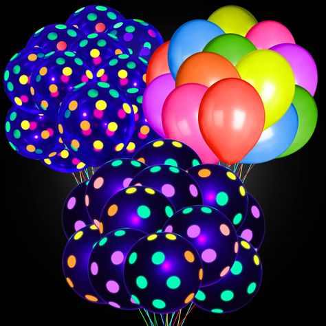 PRICES MAY VARY. Neon Balloons: 30 x black polka dots balloons, 30 x transparent polka dots balloons, 30 x fluorescent balloons; which are neon colored in normal light but glow under UV blacklight, can be combined together to create joyful atmosphere Reliable material: these UV blacklight reactive fluorescent mini polka dots balloons are made of quality latex, which is safe to use, and can be inflated with air or helium, not easily damaged or broken, durable and reusable Blacklight reactive: Eac Neon Balloons, Neon Lights Party, Glow Party Decorations, Neon Party Decorations, Balloon Glow, Glow Party Supplies, Polka Dot Balloons, Photo Balloons, Blacklight Party