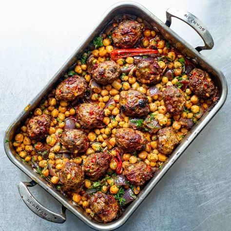 Mob — Batch Recipe: Spicy Lamb Meatball Traybake Lamb Meatballs, Ras El Hanout, Spanish Onion, Pine Nuts, Dried Fruit, Red Peppers, Middle Eastern, Meatballs, Stuffed Peppers