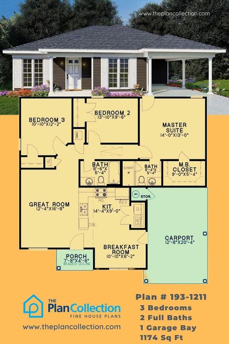 Step into the charm of traditional ranch living with this 1-floor, 3-bed home featuring 1174 sq ft of inviting space. The open floor plan is accentuated by large windows, filling each room with natural light. Discover the convenience of a single-story home, complete with 3 bedrooms and a laundry area adjacent to the kitchen. Extra storage in the carport adds practicality to this classic design. Embrace the timeless appeal of one-story ranch. #ranchhouseplans #traditionalhouse #HomePlans Single Story Small House Plans, Single Story 3 Bedroom Floor Plans, 3 Bedroom Single Floor House Plans, Narrow Lot House Plans Open Floor One Story, Tiny House 3 Bedroom Floor Plans, Small Single Family Home, Kitchen Extra Storage, Small 3 Bedroom House Plans One Story, Midcentury House Plans