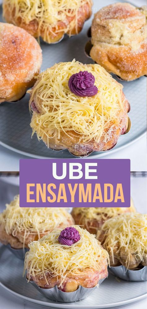 Filipino buttery bread with Ube Halaya and grated cheese Ube Paste Recipe, Ube Ensaymada Recipe Soft, Ube Ensaymada Recipe, Ube Filling Recipe, Ensaymada Recipe Soft, Filipino Ensaymada, Ube Ensaymada, Filipino Pastries, Filipino Bakery