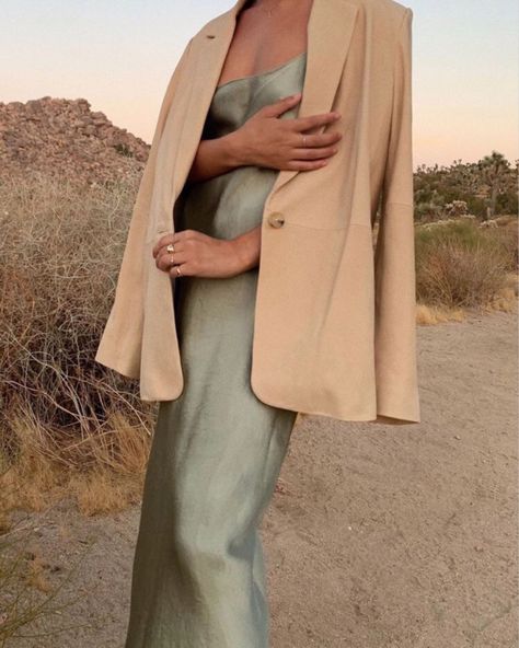 Tan Blazer and Sage Green Silk Slip Dress Dress And Blazer Outfit, Hiking Attire, Minimalist Moda, Beige Blazer, Dress And Jacket, Looks Street Style, Silk Slip Dress, Mode Ootd, Moda Vintage