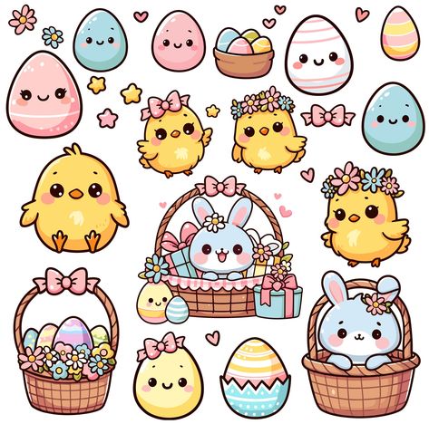 Kawaii Easter Drawing, Easter Cute Drawings, Easter Kawaii, Easter Doodles, Sticker Doodles, Clip Art Animals, Easter Drawing, Easter Chickens, Kawaii Easter