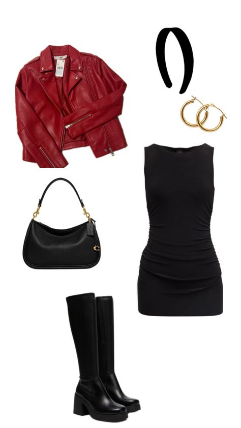 black dress, leather jacket, black boots, gold jewelry Red Dress Black Jacket, Black Outfit With Red Accessories, Black And Gold Aesthetic Fashion, Black Leather Jacket Outfit Winter, Leather Jacket And Dress Outfit, Leather Jacket And Skirt Outfit, Black Dress And Leather Jacket, Black Dress Leather Jacket, Black Dress Leather