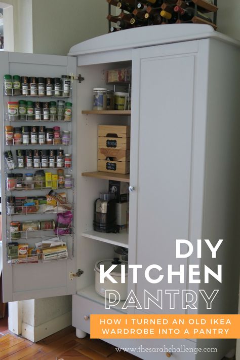 www.thesarahchallenge.com diy kitchen pantry Armoire For Kitchen Storage, Upcycled Pantry Cabinet, Armoire Pantry Diy, Wardrobe Kitchen Storage, Wardrobe To Larder Cupboard, Wardrobe To Pantry, Wardrobe In Kitchen, Diy Larder Cupboard, Diy Kitchen Pantry Cabinet Freestanding