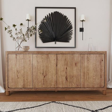 With its dynamic grain pattern and minimalist, this oak wood sideboard brings lasting, organic beauty to any room. Two removable, adjustable shelves and two cable holes makes this piece an ideal storage solution for all your needs. Decoration Buffet, Sideboard Decor, Wide Sideboard, Buffets And Sideboards, Kitchen Sideboard, Online Furniture Shopping, Wood Sideboard, Sideboard Buffet, Classic House