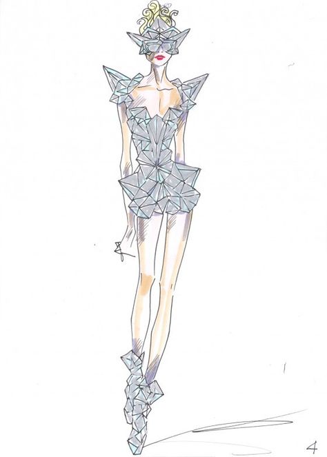 fashion sketches | Fashion Sketches For Gaga - Fan Art - Gaga Daily Lady Gaga Dresses, Lady Gaga Costume, Lady Gaga Fashion, Origami Fashion, Geometric Fashion, Paper Fashion, Fashion Illustration Sketches Dresses, Fashion Sketchbook, Fashion Sketch