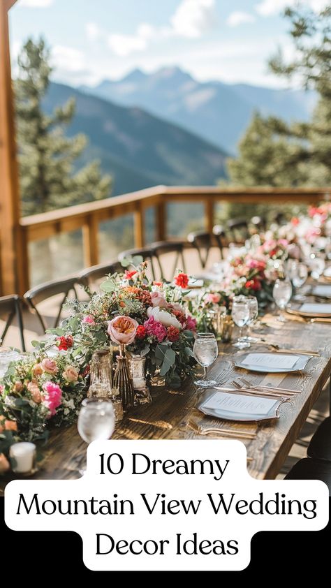 Beautiful mountain view wedding decor with rustic accents and elegant floral arrangements, perfect for an outdoor celebration. Wedding Ceremony Mountain Backdrop, Bohemian Mountain Wedding, Chic Mountain Wedding, Mountain Outdoor Wedding, Summer Mountain Wedding Decor, Outdoor Wedding Mountains, June Mountain Wedding, August Mountain Wedding, Fall Mountain Wedding Decor