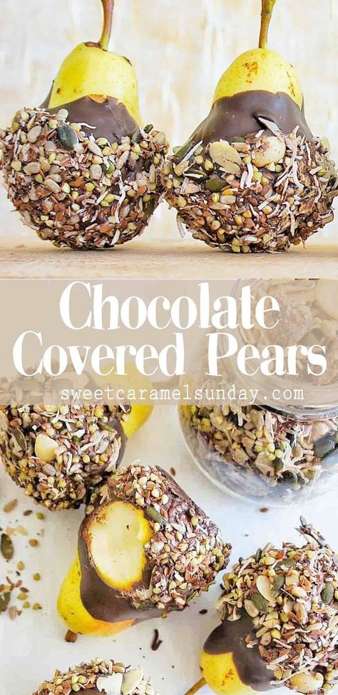 Chocolate Covered Pears using melted dark chocolate and crunchy granola. #easy #recipe #dessert #chocolate #sweetcaramelsunday Chocolate Covered Pears, Granola Easy, Breakfast Platter, Crunchy Granola, Sunday Recipes, Dessert Easy, Recipe Dessert, Pear Recipes, Dessert Chocolate