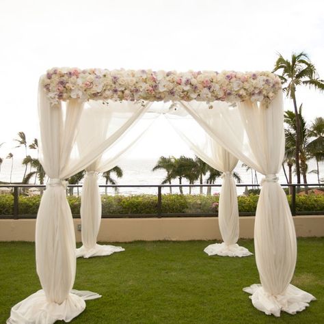 Romantic Chiffon Ceremony Arch | Joanna Tano Photography | Four Seasons Resort Maui at Wailea | Theknot.com Backdrop Draping, Arch Way, Wedding Archway, Wedding Ceremony Arch, Wedding Backdrop Decorations, Wedding Altars, Wedding Ceremony Flowers, Summer Wedding Colors, Wedding Stage Decorations