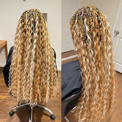 Goddess Braids Multi Color, Honey Blonde Goddess Braids Black Women, Honey Blonde Goddess Knotless Braids, Blonde And Brown Goddess Braids, Bohemian Goddess Braids With Color, Gold Goddess Braids, Honey Brown Goddess Braids, Light Brown Goddess Braids, Colored Goddess Braids