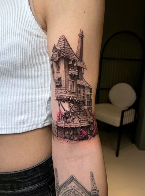 Weasley House Tattoo, The Burrow Tattoo, Harry Potter Glasses Tattoo, Harry Potter Chest Tattoo, Hagrids Hut Tattoo, Harry Potter Leg Tattoos, Hermione Tattoo, Hagrid Tattoo, Unique Harry Potter Tattoo