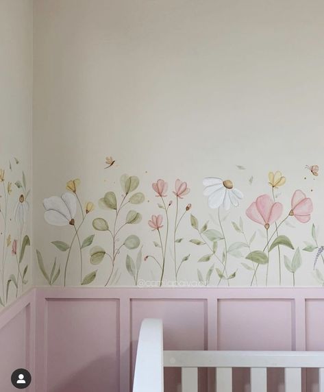 #bedroomdesign #bedroomideas Simple Hand Painted Wall Mural, Decal Nursery Wall, Wildflower Accent Wall, Love Shack Fancy Inspired Nursery, Nursery Wall Painting Ideas, Different Colored Walls, Simple Baby Girl Nursery, Princess Wall Mural, Flower Nursery Theme