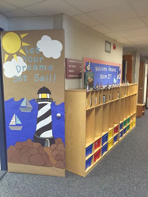 Pirate Ship Door Decorations Classroom, Nautical Classroom Door Ideas, Lighthouse Classroom Door, Nautical Bulletin Board Ideas, Boat Classroom Theme, Coastal Bulletin Board Ideas, Lighthouse Classroom Theme, Beach Door Decoration, Beach Theme Classroom Door