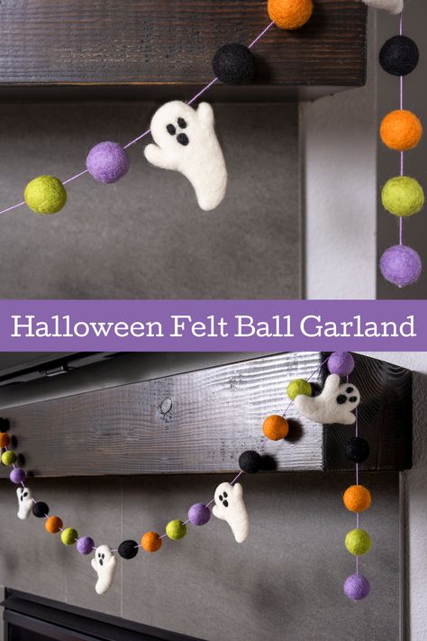 Make a Halloween felt ball garland perfect for decorating a doorway or a mantel! This is easy to make and looks great with any decor. Halloween Felt Ball Garland, Felt Ball Decorations, Halloween Garlands Diy, Halloween Felt Garland Diy, Halloween Garland Ideas, Diy Mantle Garland, Diy Halloween Garland Indoor, Halloween Diy Garland, Felting Halloween