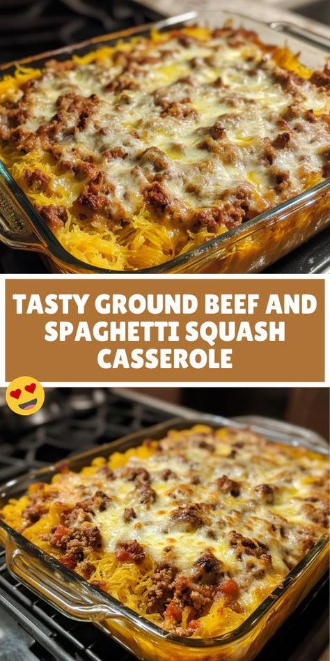 A baked Ground Beef And Spaghetti Squash Casserole in a glass dish, topped with melted cheese and ground beef, highlighting a savory casserole recipe combining spaghetti squash and hearty ground beef. Beef And Spaghetti Squash, Beef Spaghetti Squash, Ground Beef Spaghetti, Best Spaghetti Squash Recipes, Spaghetti Squash Carbonara, Beef Spaghetti, Healthy Squash Recipes, Spaghetti Squash Recipes Easy, Spaghetti Squash Casserole