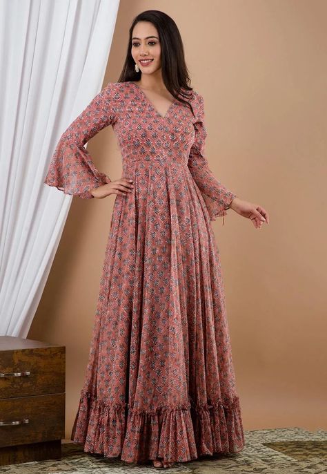 Western Maxi Dress, Floral Print Chiffon Maxi Dress, Frock Designs For Girl, Maxi Dress Indian, Vs Image, Print Chiffon Maxi Dress, Long Gown Design, Simple Frocks, Casual Frocks