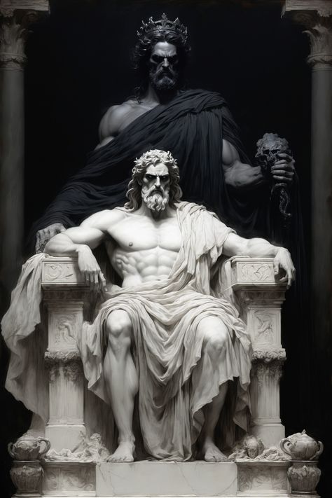 Hades: Dark Lord and Judge of Souls  Seated on his throne amid columns, Hades symbolizes authority over the underworld. His black cloak and stern gaze inspire reverence, while the skulls below remind us of his judgment over souls. This scene reveals the dark magic and justice of Hades. This image was generated using Stable Diffusion. #HadesJudge #Underworld #DarkRealm Hades Helm Of Darkness, Hades Greek God Art, Hades Underworld Aesthetic, Hades Aesthetic Greek Mythology, Hades Throne, Greek Throne, God Throne, Hades Statue, Greek Gods Art