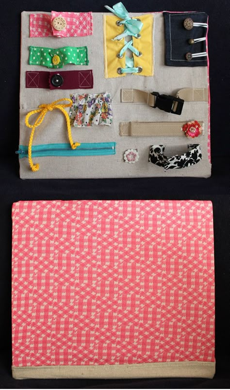 DIY Busy Board! laces, buckle, velcro, zipper, button, etc. -- We're a ways off still, but I think it's an awesome idea. I'm going to look into doing it for the kids for sure. Diy Busy Board, Quilt Book, Fidget Quilt, Quiet Activities, Vintage Blog, Activity Board, Busy Board, Toddler Play, Busy Toddler