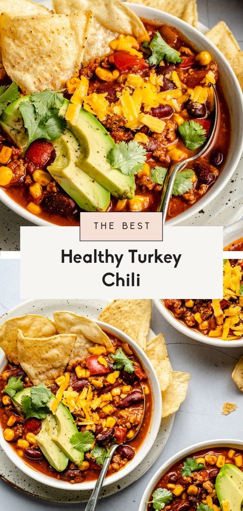 Healthy turkey chili made with lean ground turkey, kidney beans and corn. This famous recipe is perfectly spiced, packed with plenty of protein and fiber, and is simply the BEST. Make it on the stovetop or in your slow cooker for an easy, delicious weeknight dinner. #chili #healthydinner #mealprep #dinner Healthy Turkey Chili Recipe, Healthy Turkey Chili, Healthy Chili Recipe Turkey, Chili Recipe Healthy, Turkey Chili Healthy, Trending Food, Turkey Chili Recipe, Healthy Chili, Beans And Corn