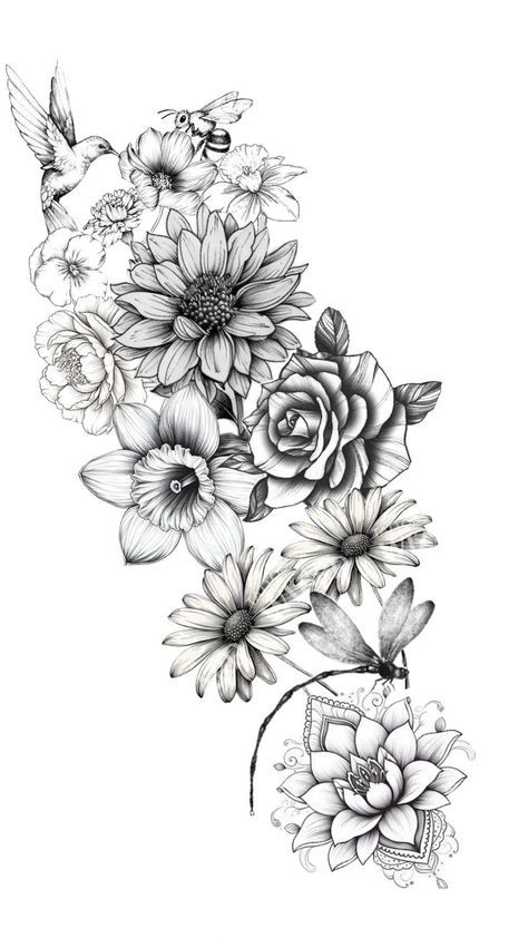 Hummingbird Sleeve Tattoo, Floral Shoulder Tattoo, Cute Tattoo Ideas, Minimalist Tattoo Small, Women Half Sleeve, Hip Thigh Tattoos, Beautiful Flower Drawings, Cute Tattoo, Clever Tattoos