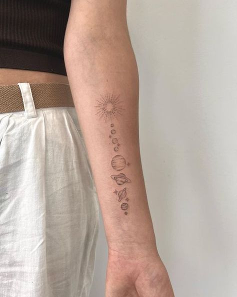 Spine Tattoos Solar System, Planet Tattoo Ideas Female, Solar System Tattoos For Women, Planet System Tattoo, Tattoo Ideas Solar System, Simple Astronomy Tattoo, Mini Solar System Tattoo, In Every Universe Tattoo, Cool Tattoos For Women Simple