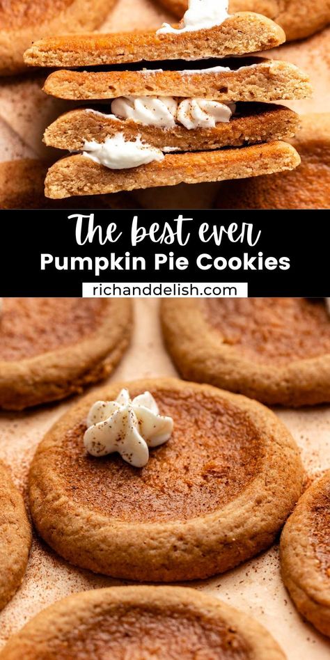 These pumpkin pie cookies are made with a buttery, spiced dough that is filled with a creamy pumpkin filling and topped with whipped cream. Easy Pumpkin Pie Cookies, Homemade Pumpkin Filling, Spicy Pumpkin Cookies, Pumpkin Cookies Recipes Easy, Pumpkin Cookies With Pumpkin Pie Filling, What To Do With Pumpkin Pie Filling, Homemade Pumpkin Cookies, Cookies With Pumpkin Pie Filling, Recipes With Pumpkin Pie Filling