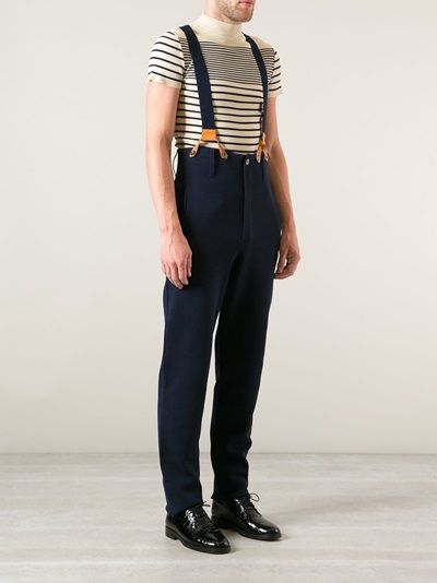 JEAN PAUL GAULTIER VAULT - high waist suspender trouser 9 80s Guys, Masculine Elegance, Jean Paul Gaultier Vintage, Suspender Jeans, Men's Retro Style, Designer Pants, Suspender Pants, Mens Fashion Inspiration, Man Style