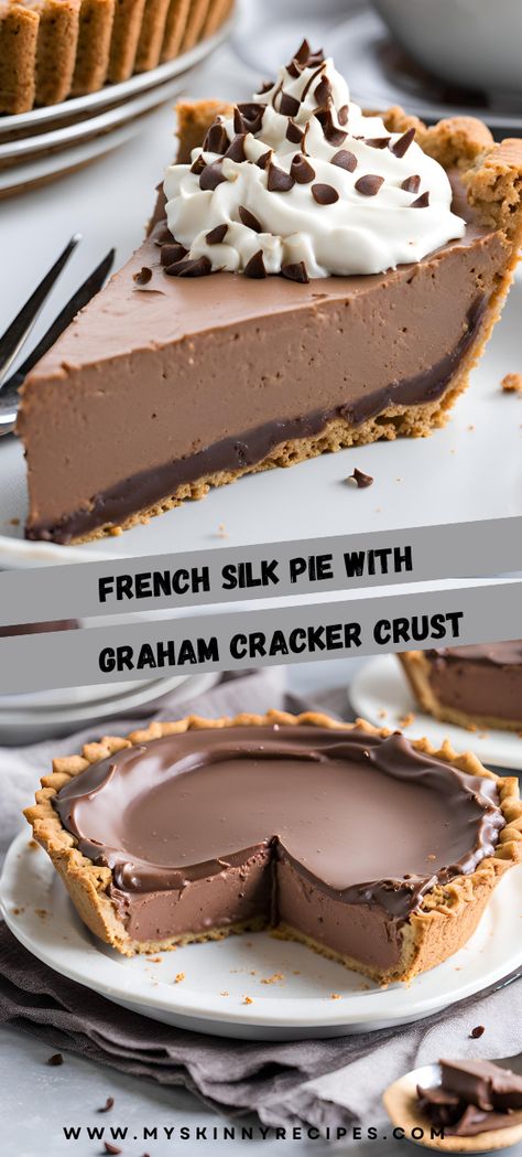 Indulge in the creamy decadence of this French Silk Pie with a buttery graham cracker crust! This classic dessert features a rich chocolate filling topped with fluffy whipped cream and chocolate shavings. Perfect for any occasion, this pie is sure to impress your guests and leave them craving more!

#FrenchSilkPie #ChocolateLovers #DessertRecipe  #myskinnyrecipes 🍫🍰 Gram Cracker Crust Recipe, Easy French Silk Pie, Recipe With Graham Cracker Crust, French Silk Pie Recipe, Pie With Graham Cracker Crust, Silk Pie Recipe, Chocolate Silk Pie, French Silk Pie, Graham Cracker Recipes