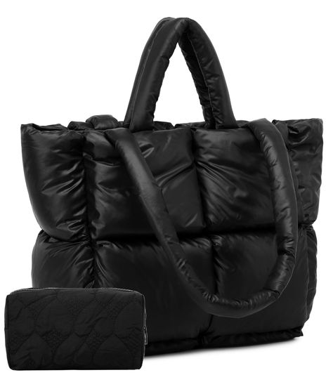 PRICES MAY VARY. Perfect size for work. Cute black puffer bag for women is big enough for 13 inch Ipad, but not a larger laptop. Puffy tote size: 14.2x5x10 inch (LxWxH), small makeup pouch size: 6x3x4 inch(LxWxH). Super light weight puffy purse. This small puffer quilted bag is made of polyester material and lined with padded down. The lining is made of sturdy nylon material.It can easily be wiped down when it gets dirty. The comfortable padded shoulder straps make carrying this tote a breeze. T Puffer Tote Bag, Winter Purses, Small Makeup Pouch, Puffer Bag, Big Handbags, Handbags For School, Purse Cute, Handbag For Women, Small Makeup