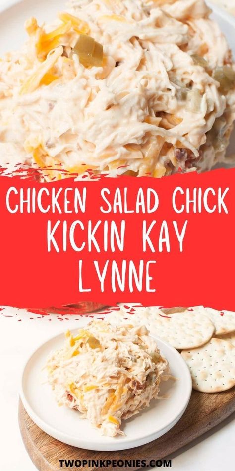 Text that says Chicken Salad Chick Chicken Salad Chick Kickin Kay Lynne above and below the text are images of chicken salad on a white plate. Copycat Newks Chicken Salad, Copycat Chicken Salad Chick Broccoli Salad, Chicken Salad Chick Copycat Recipes Classic Carol, Chicken Salad Chick Cookie Recipe, Chicken Salad Chick Pasta Salad Recipe, Chicken Salad With Canned Chicken, Arbys Chicken Salad Recipe, Chicken Salad Chick Copycat Recipes, Copycat Salad Recipes