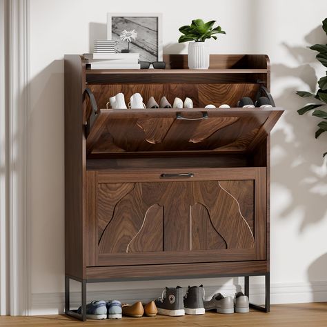 Small Entryway Table With Storage, Walnut Shoe Cabinet, Under Window Shoe Storage, Small Entry Storage, Show Storage Entry Way, Front Door Organization, Shoe Organization Entryway, Living Room Shoe Storage, Shoe Rack By Front Door